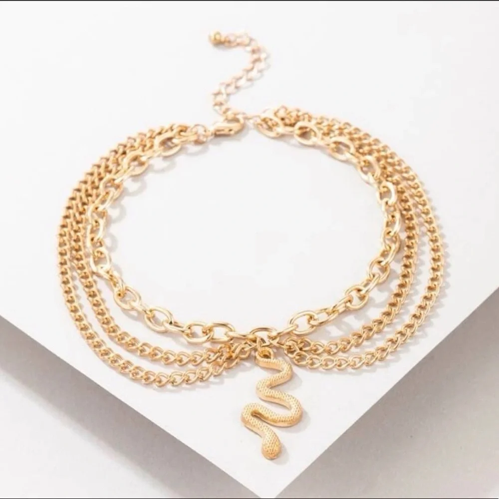 Gold Snake Charm Layered Anklet for Women, Adjustable Iron Alloy Chain Anklet